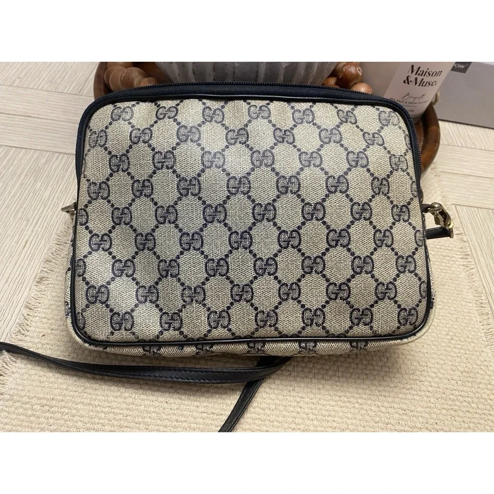 Gucci Vintage GG Supreme Coated Canvas Leather Bag Navy Blue Monogram